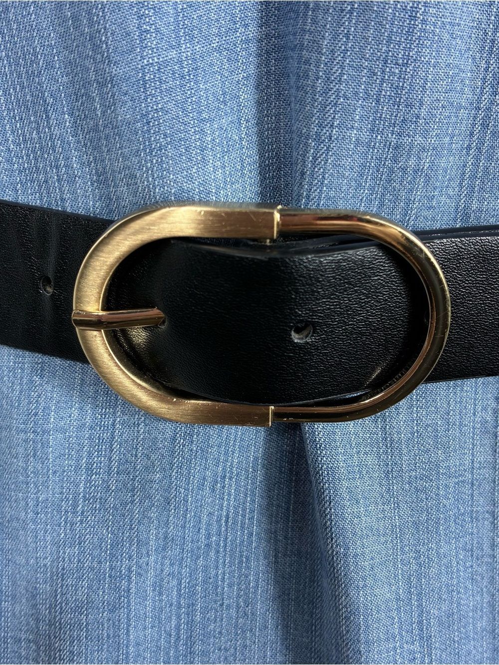 Womens belt 38” long black faux leather gold oval buckle Corpcore